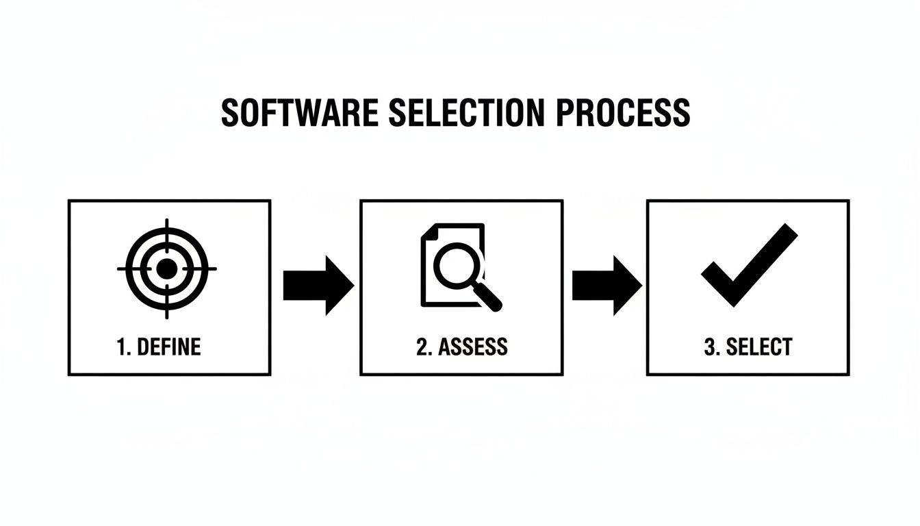 A three-step software selection process diagram showing define, assess, and select stages with icons.