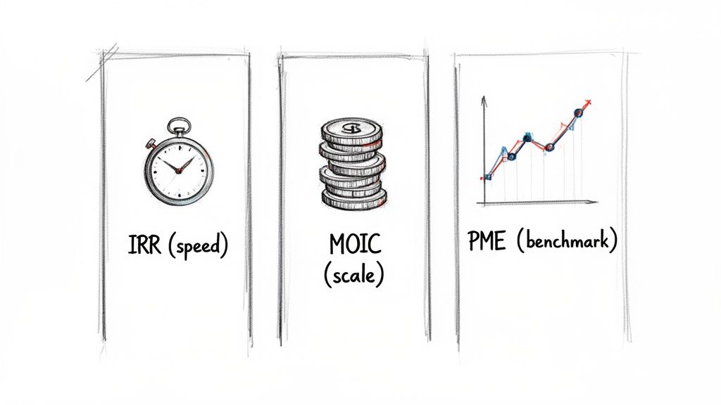 Three financial metrics for private equity performance: IRR (speed), MOIC (scale), and PME (benchmark), illustrated with icons.