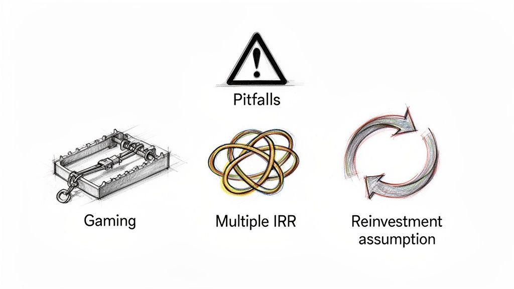 Warning sign above illustrations of financial pitfalls: gaming (mousetrap), multiple IRR (knot), and reinvestment assumption (arrows).