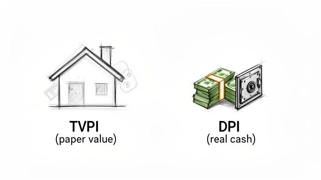 A drawing comparing TVPI (paper value) as a house with a price tag and DPI (real cash) as stacks of money.