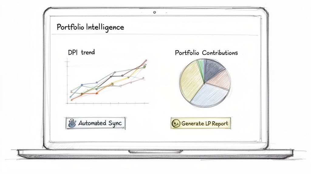 Digital dashboard on a laptop showing portfolio intelligence, including DPI trend and contribution charts.