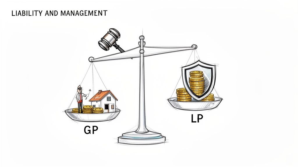 A balance scale shows General Partner (GP) with a person, house, and money, while Limited Partner (LP) has protected money.