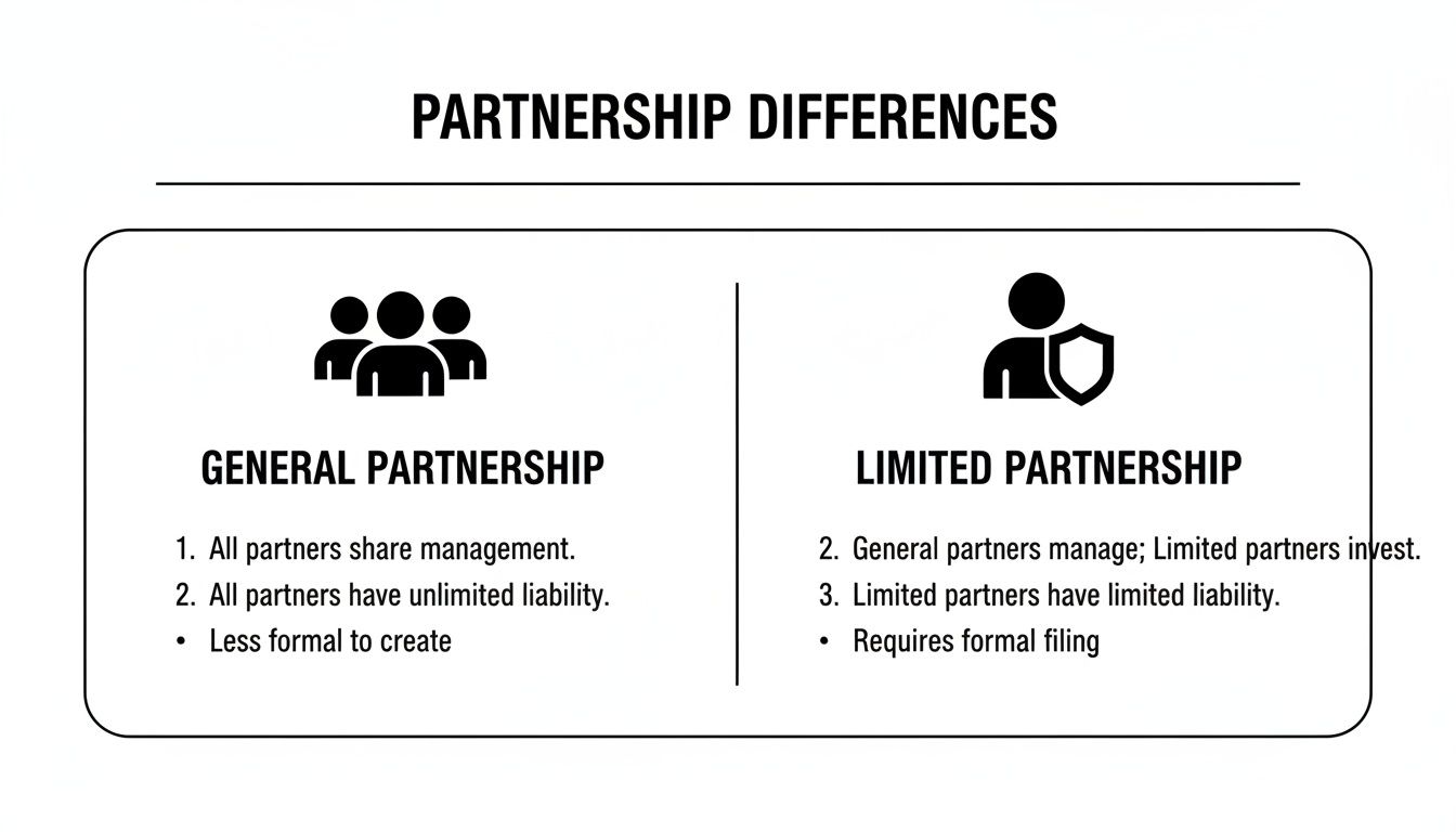 A diagram illustrating the key differences between General Partnership and Limited Partnership, covering management, liability, and creation.