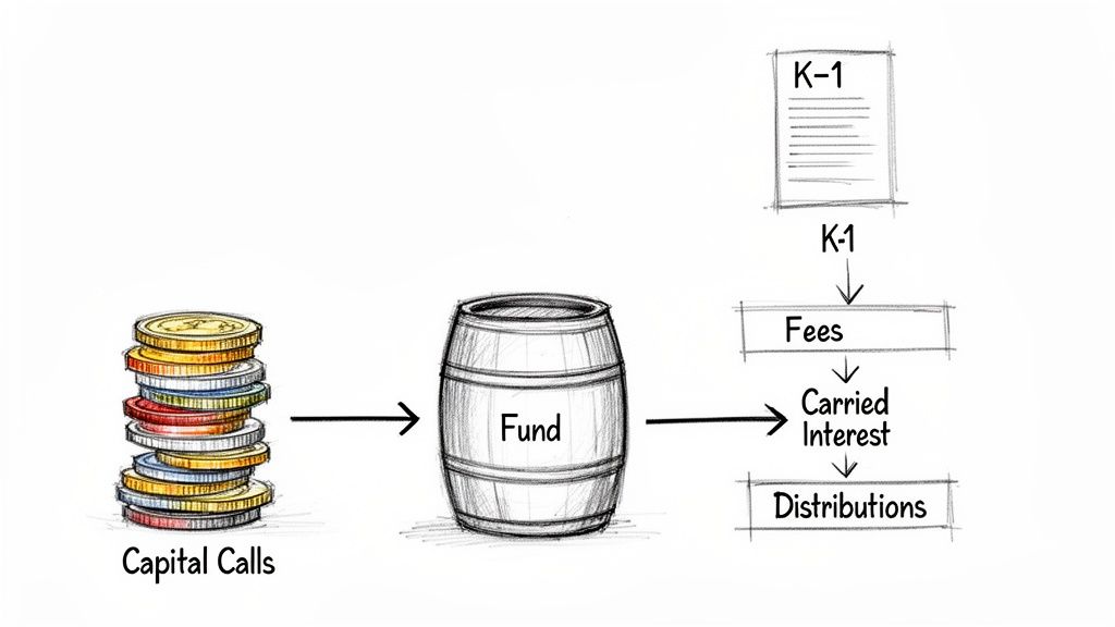 Flowchart showing capital calls entering a fund, leading to K-1, fees, carried interest, and distributions.