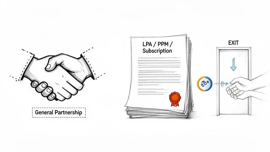 Illustration showing a general partnership handshake, legal documents, and an exit door with a hand.