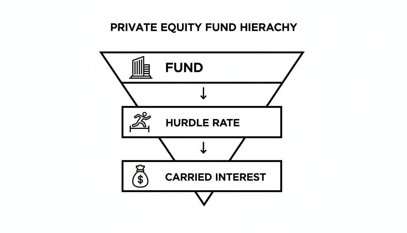 A diagram illustrating the private equity fund hierarchy, showing fund, hurdle rate, and carried interest.