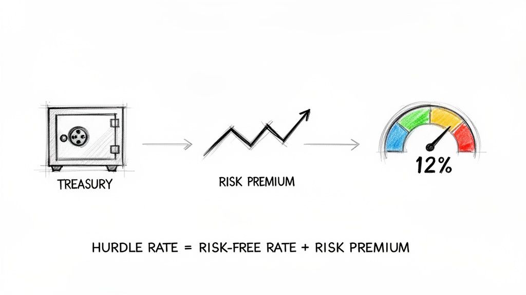 Visual explanation of the hurdle rate formula, showing risk-free rate (treasury) plus risk premium equals 12%.
