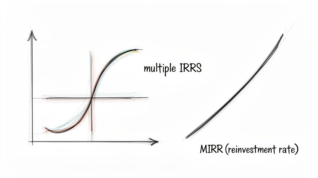 Graph comparing multiple internal rates of return (IRRs) with a single modified IRR (MIRR) illustrating financial concepts.