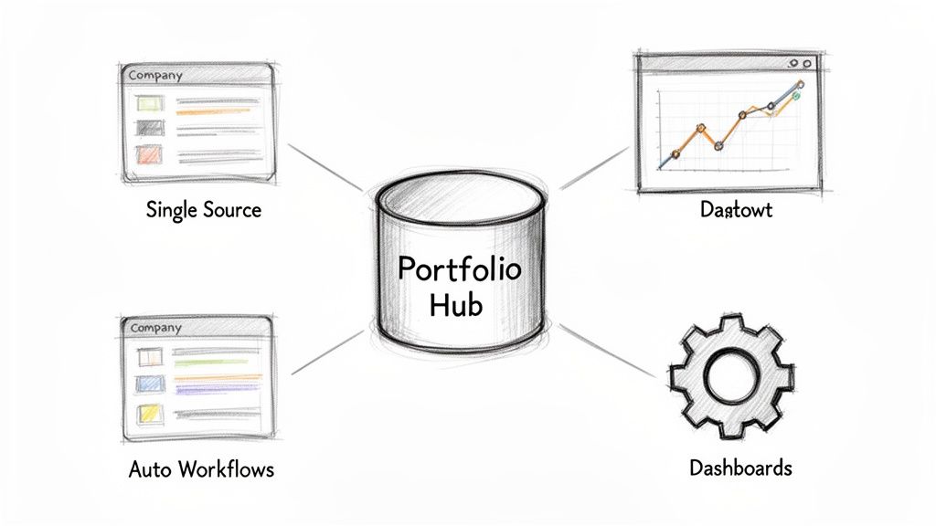 Diagram illustrating a Portfolio Hub connecting single source data, auto workflows, data charts, and dashboards.