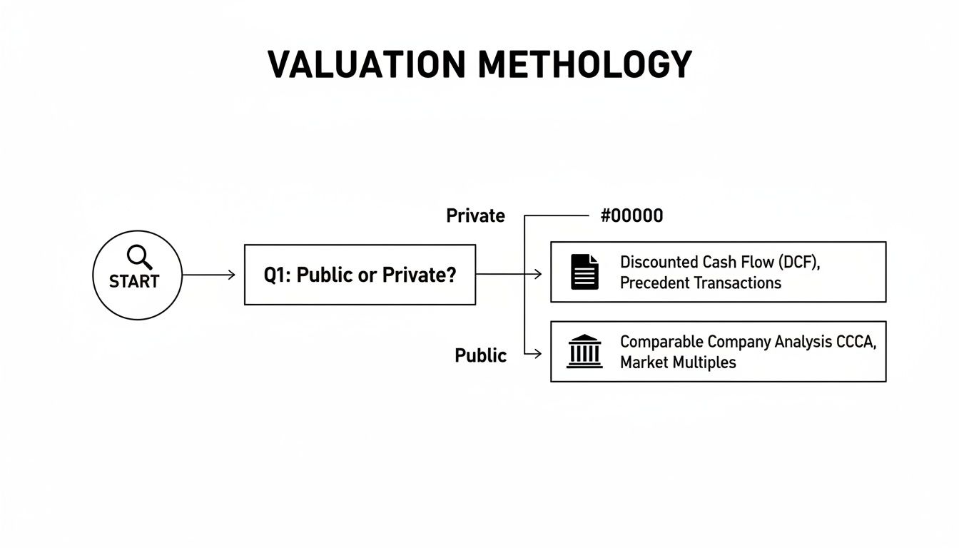 Flowchart outlining valuation methodology, differentiating approaches for private (DCF, Precedent Transactions) and public companies (CCCA, Market Multiples).