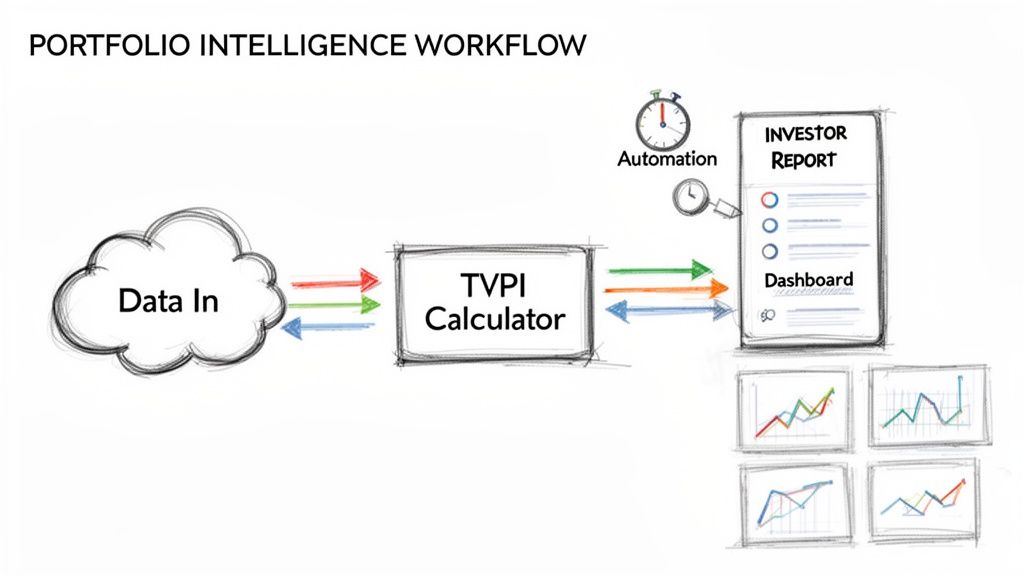 Workflow diagram for portfolio intelligence showing data input, TVPI calculation, automated reporting, and dashboard outputs.