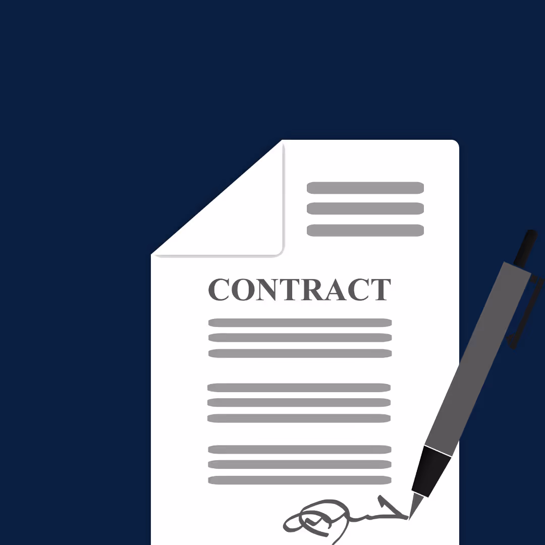 Illustration eines Vertragsdokuments mit dem Titel ‚CONTRACT‘ und einer Unterschrift, daneben ein Stift.