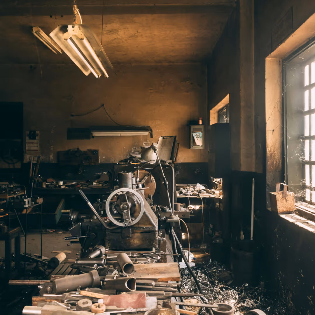 Verlassene Werkstatt mit alten Maschinen und Werkzeugen, beleuchtet durch ein Fenster mit Gitter.