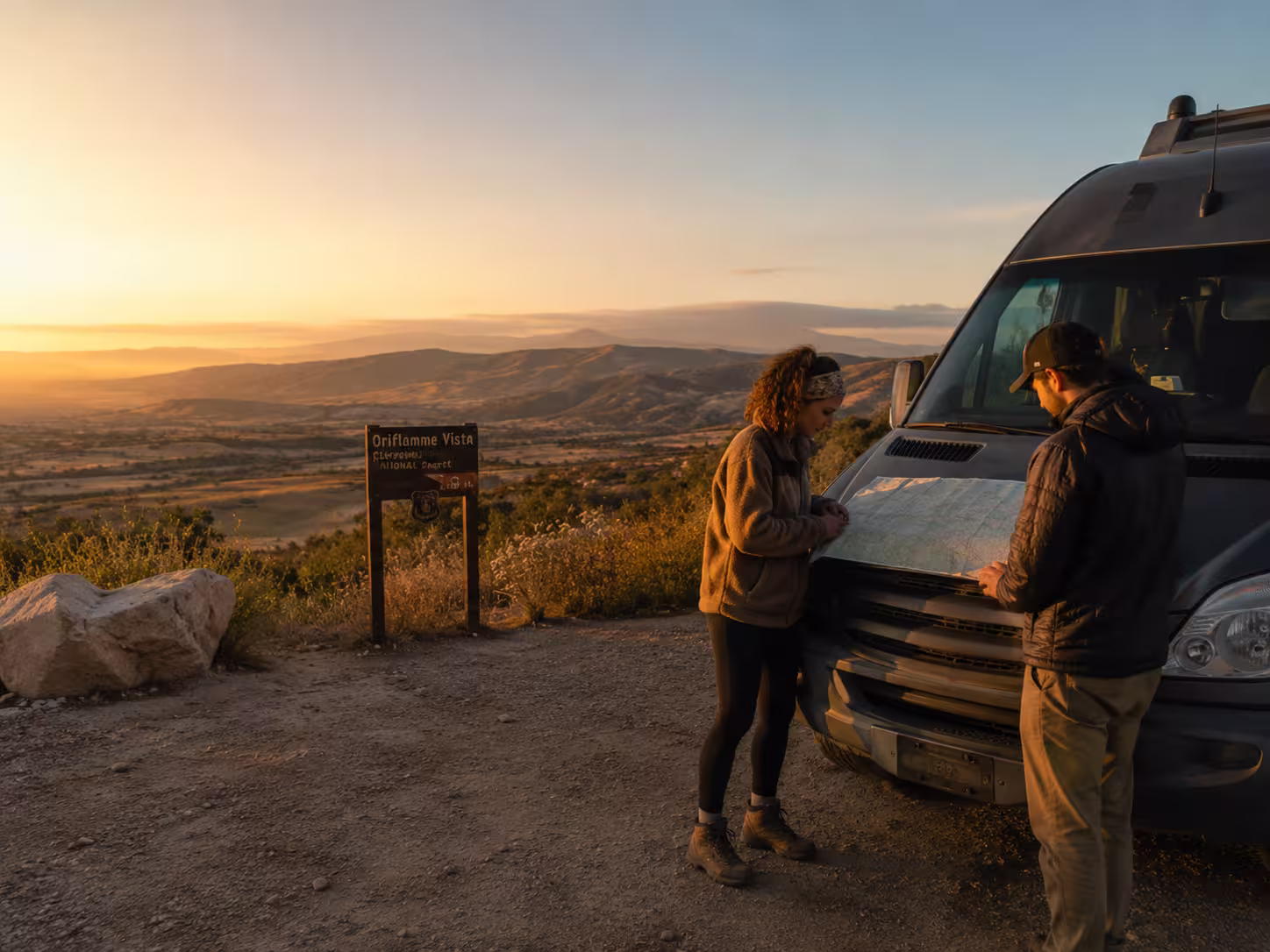 Camper van stopped at a scenic overlook near Julian, San Diego
