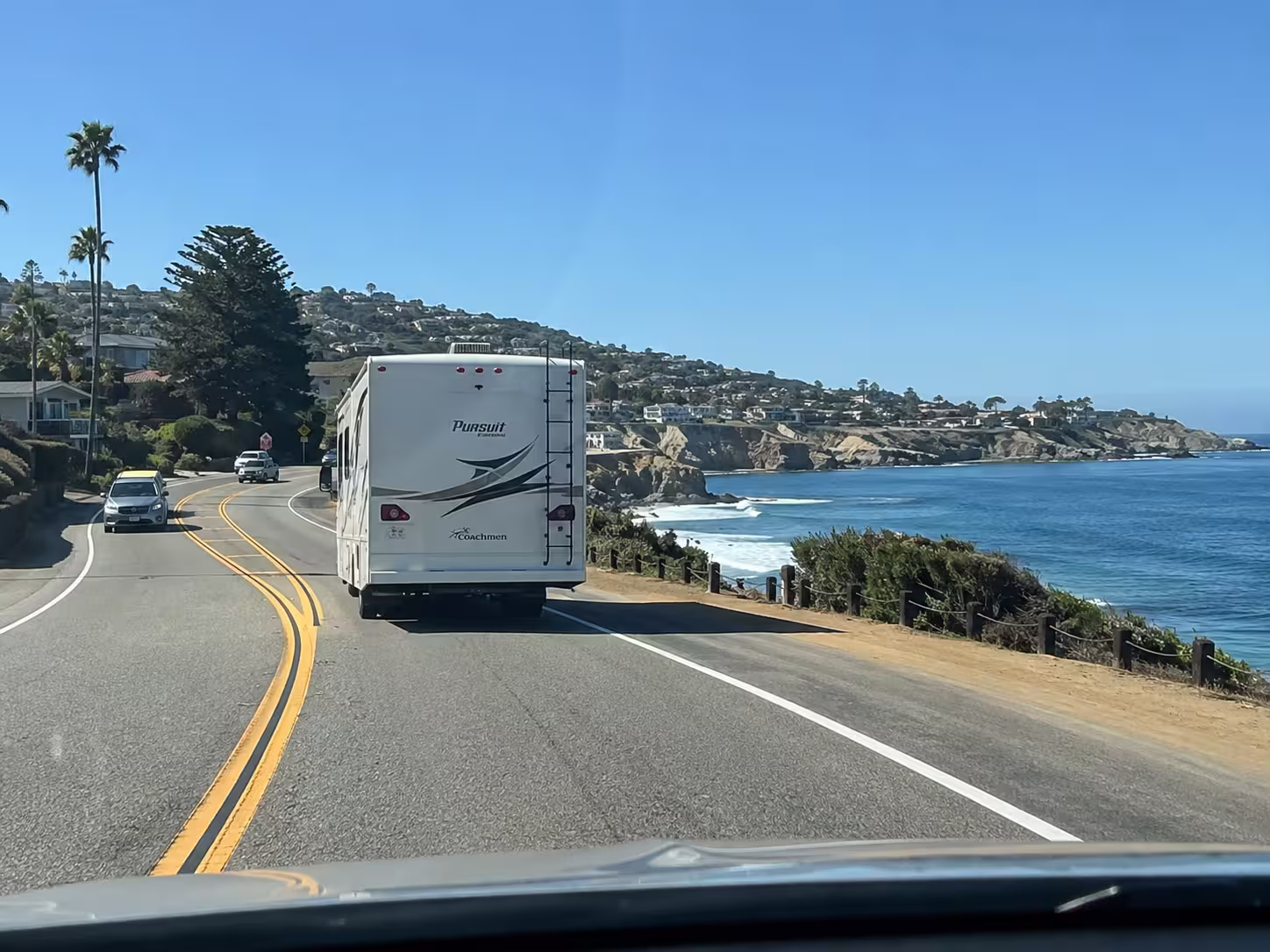 Motorhome driving a coastal road near San Diego