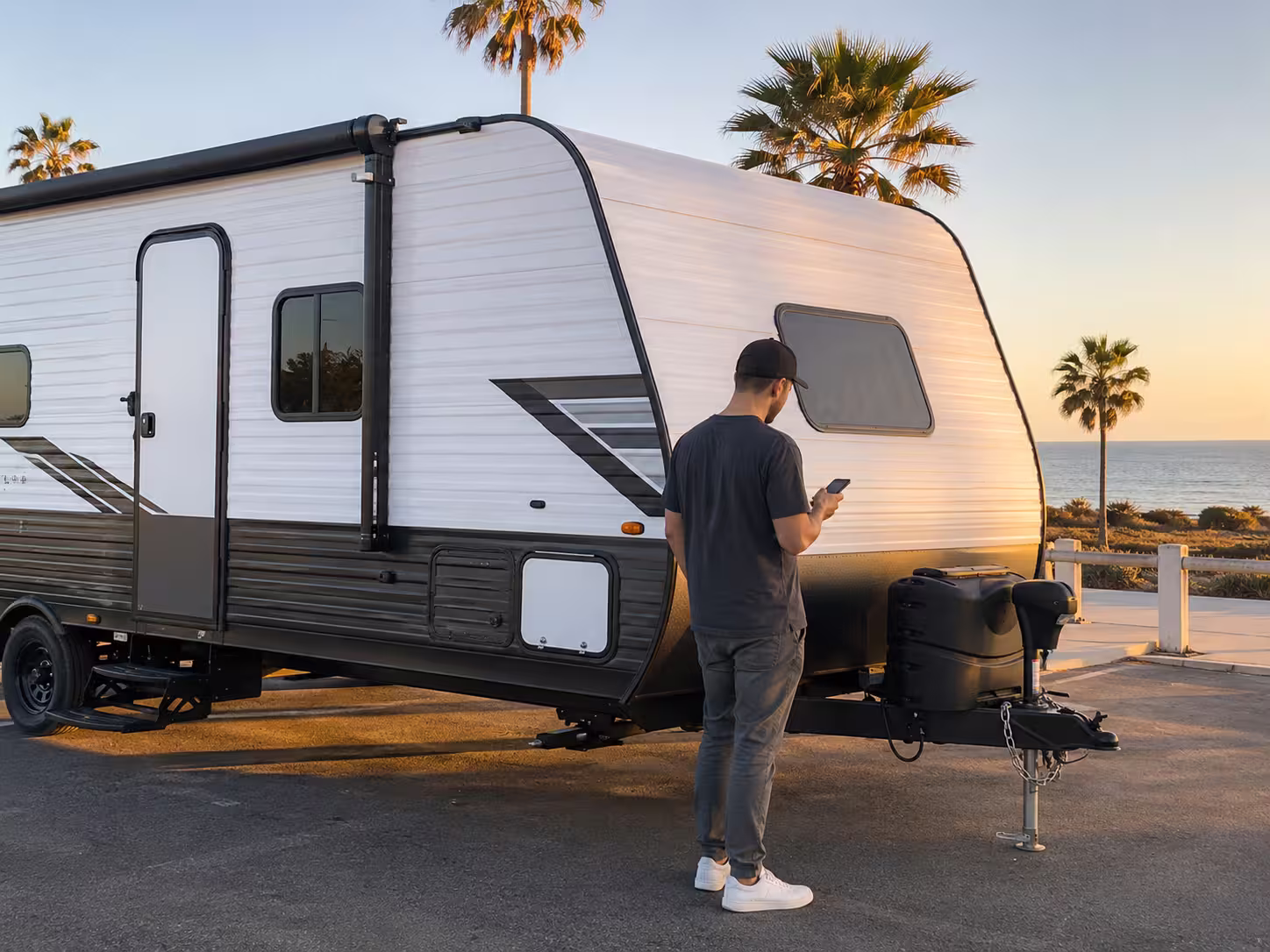 Travel trailer rental with listed pricing in San Diego, California