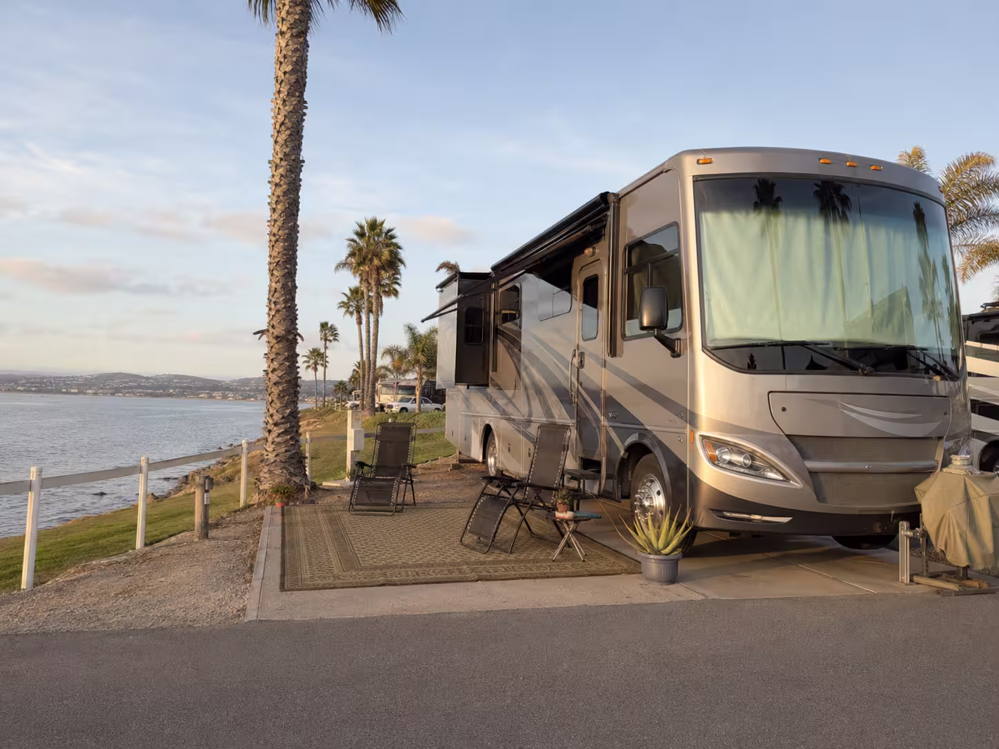 Long term RV rental set up at a San Diego bayfront RV park