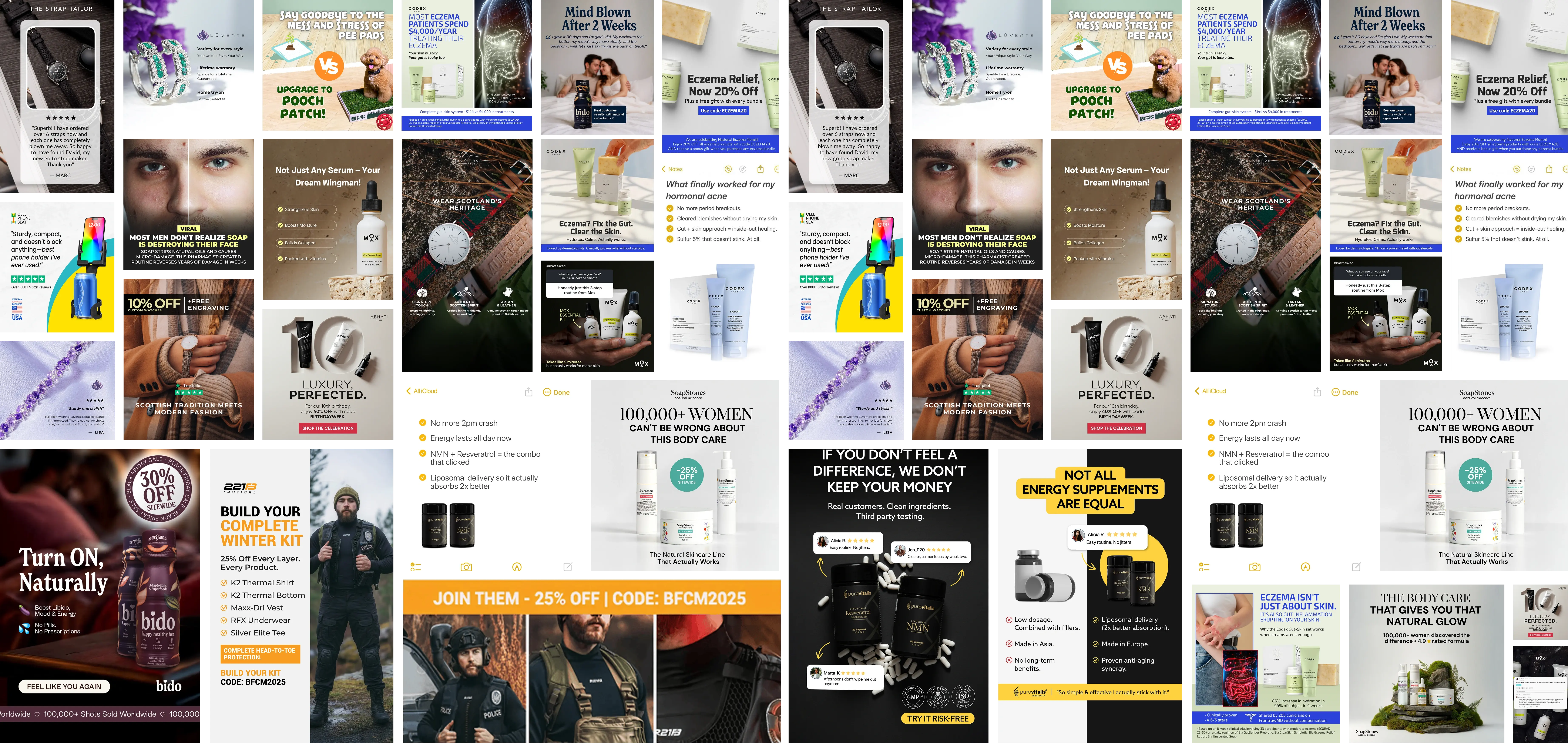 Collage of various skincare, watch, jewelry, and pet product advertisements featuring discounts, product benefits, and customer reviews.