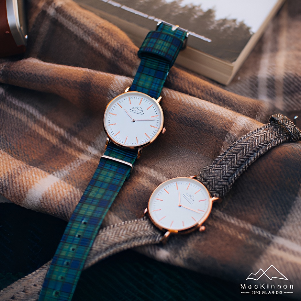 Two wristwatches with minimalist white dials and rose gold cases, one with a blue-green plaid strap and the other with a brown woven strap, resting on a brown plaid fabric.
