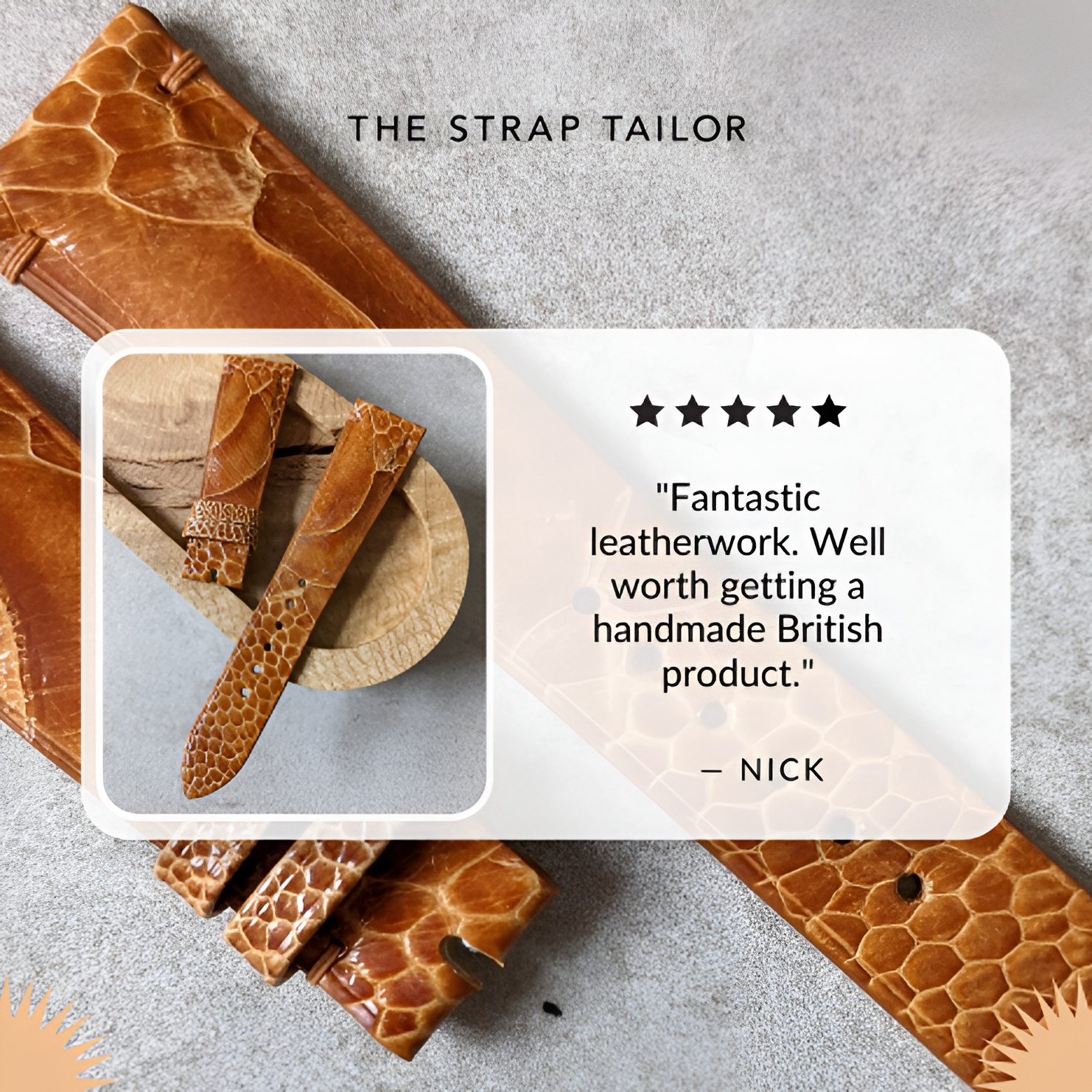 Handcrafted brown leather watch straps with reptile texture on a gray background, featuring a five-star review praising the handmade British leatherwork.