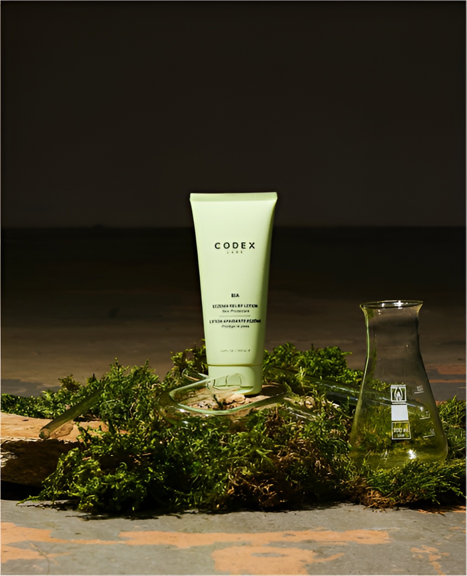 Green tube of Codex skincare product surrounded by green moss and a glass beaker with clear liquid on a concrete surface.