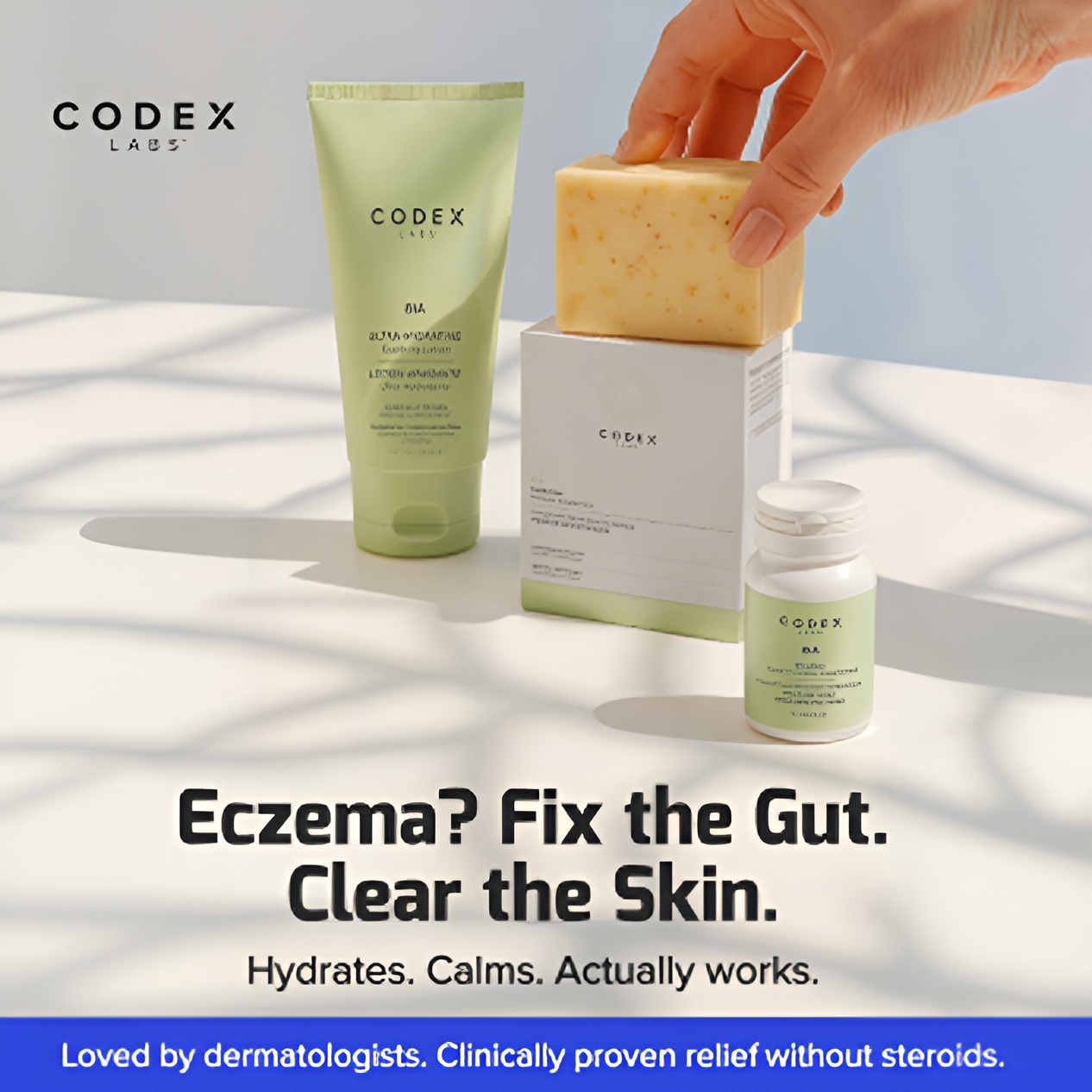 Codex Labs skincare products including a tube, a bottle, and a hand holding a bar of soap with text about eczema relief and gut health.