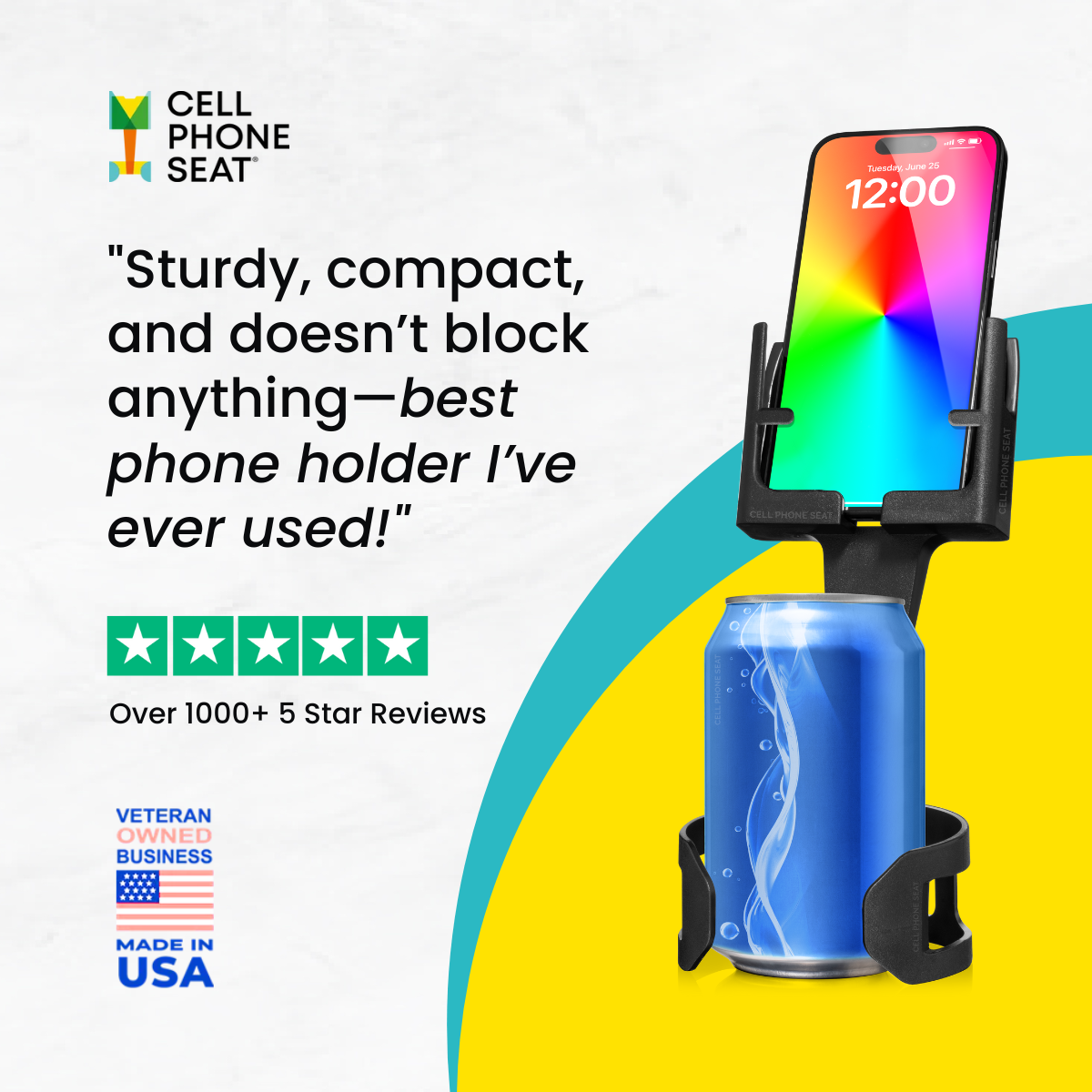 Cell Phone Seat holding a smartphone and a blue soda can with a 5-star review quote on a white and yellow background.