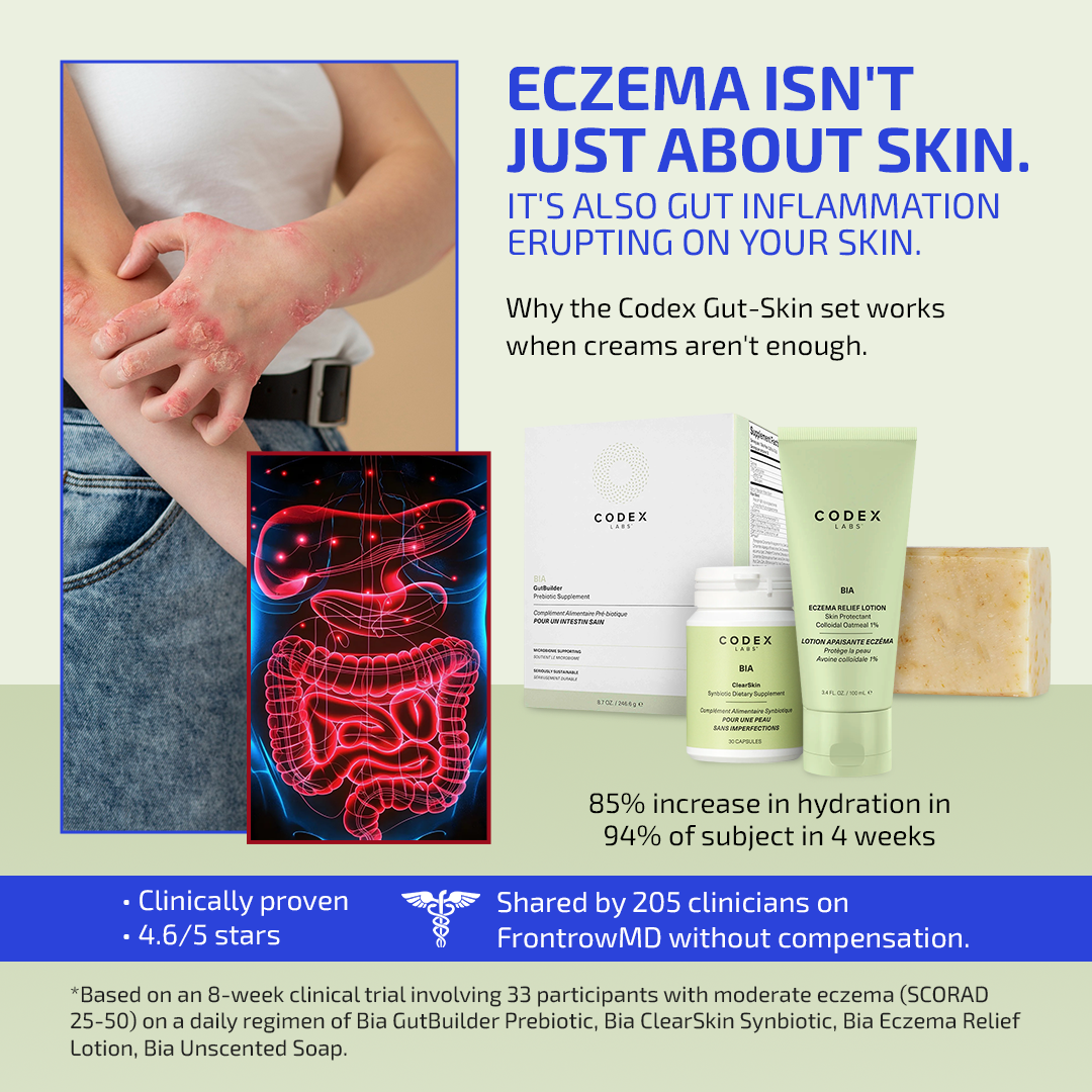 Person with eczema rash scratching their wrist, a graphic showing inflamed gut, and Codex Labs skin and gut supplements displayed together.