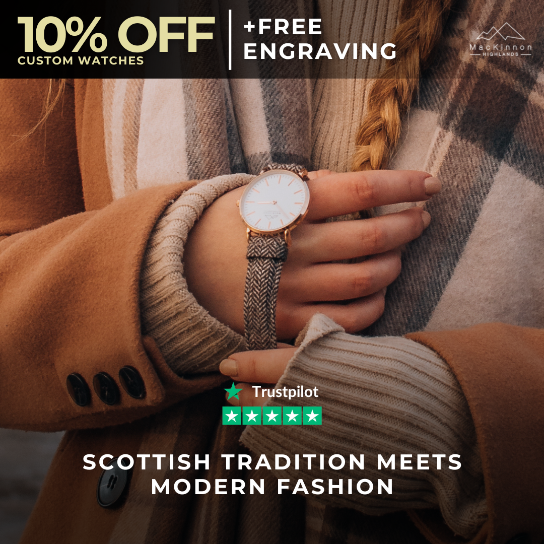 Person wearing a beige coat and plaid scarf showing a custom watch with fabric strap and white face, advertising 10% off and free engraving, featuring a 5-star Trustpilot rating and slogan Scottish tradition meets modern fashion.