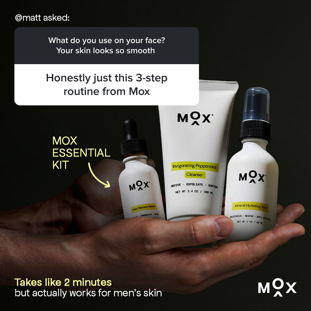 Hand holding MOX Essential Kit with three skincare products labeled Multi Nutrient Serum, Invigorating Peppermint Cleanser, and Mineral Hydrating Mist, featuring user question about smooth skin and response promoting the 3-step routine.
