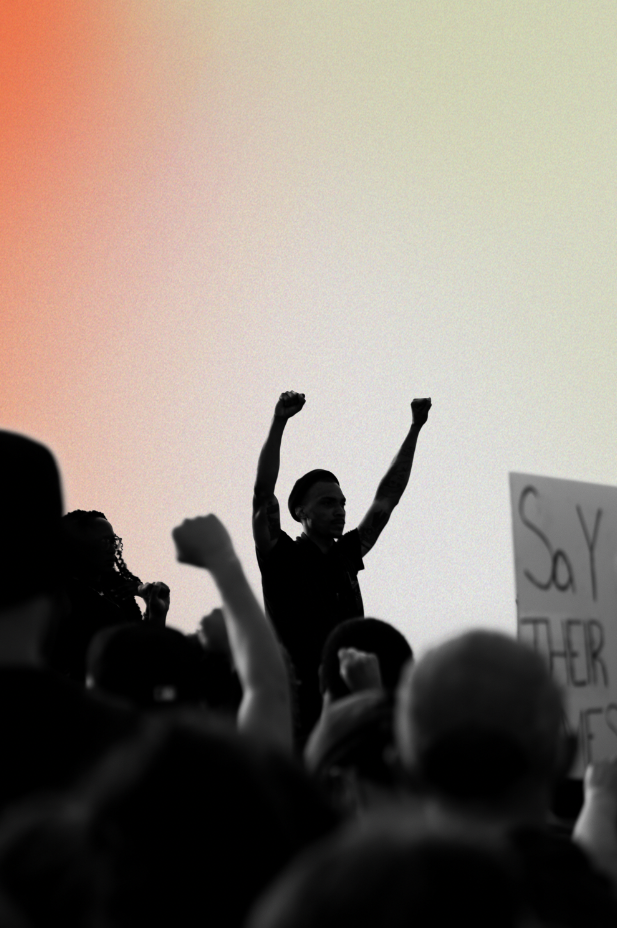 Crowd at a protest with a person raising both fists in solidarity against a pastel gradient background.