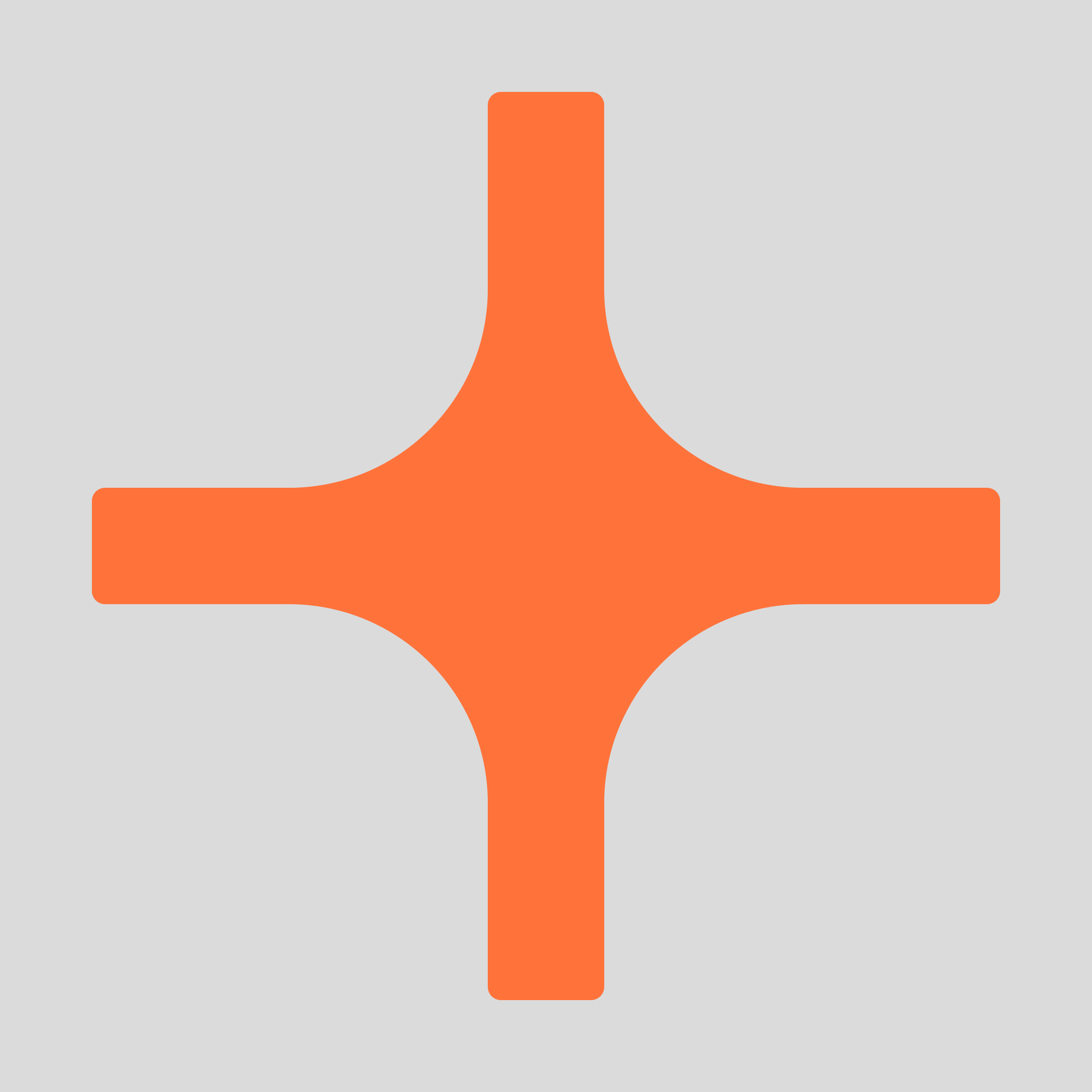 Orange symmetrical four-armed shape with curved edges on a light gray background.