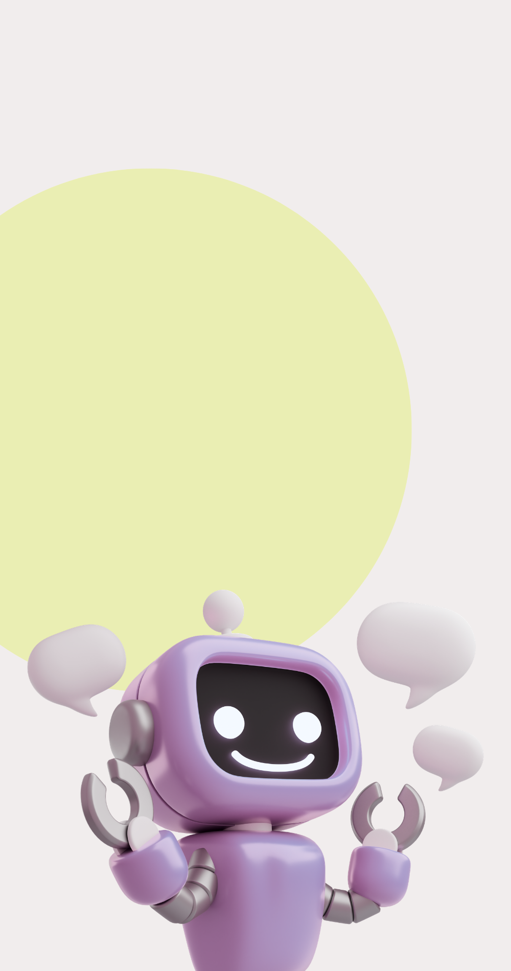 Ilustración de un robot violeta con globos de diálogo y una forma circular verde