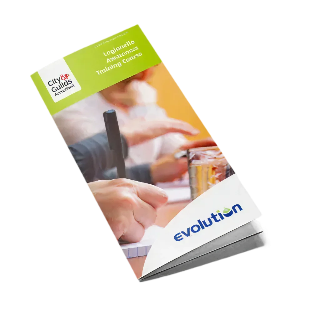 Folded brochure for the Legionella Awareness training course featuring classroom note-taking.