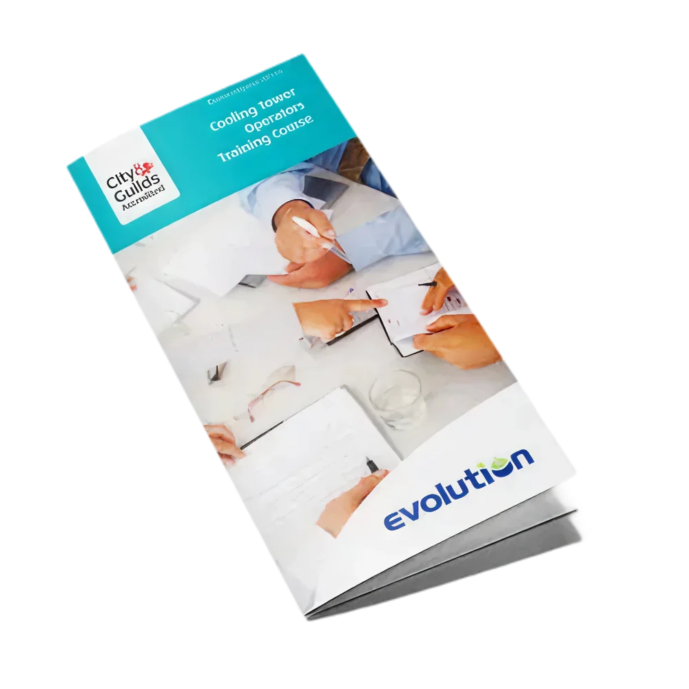 Folded brochure for the Cooling Tower Operators training course showing hands taking notes.