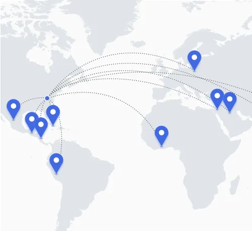 A map of the world with blue dots and lines connecting them.