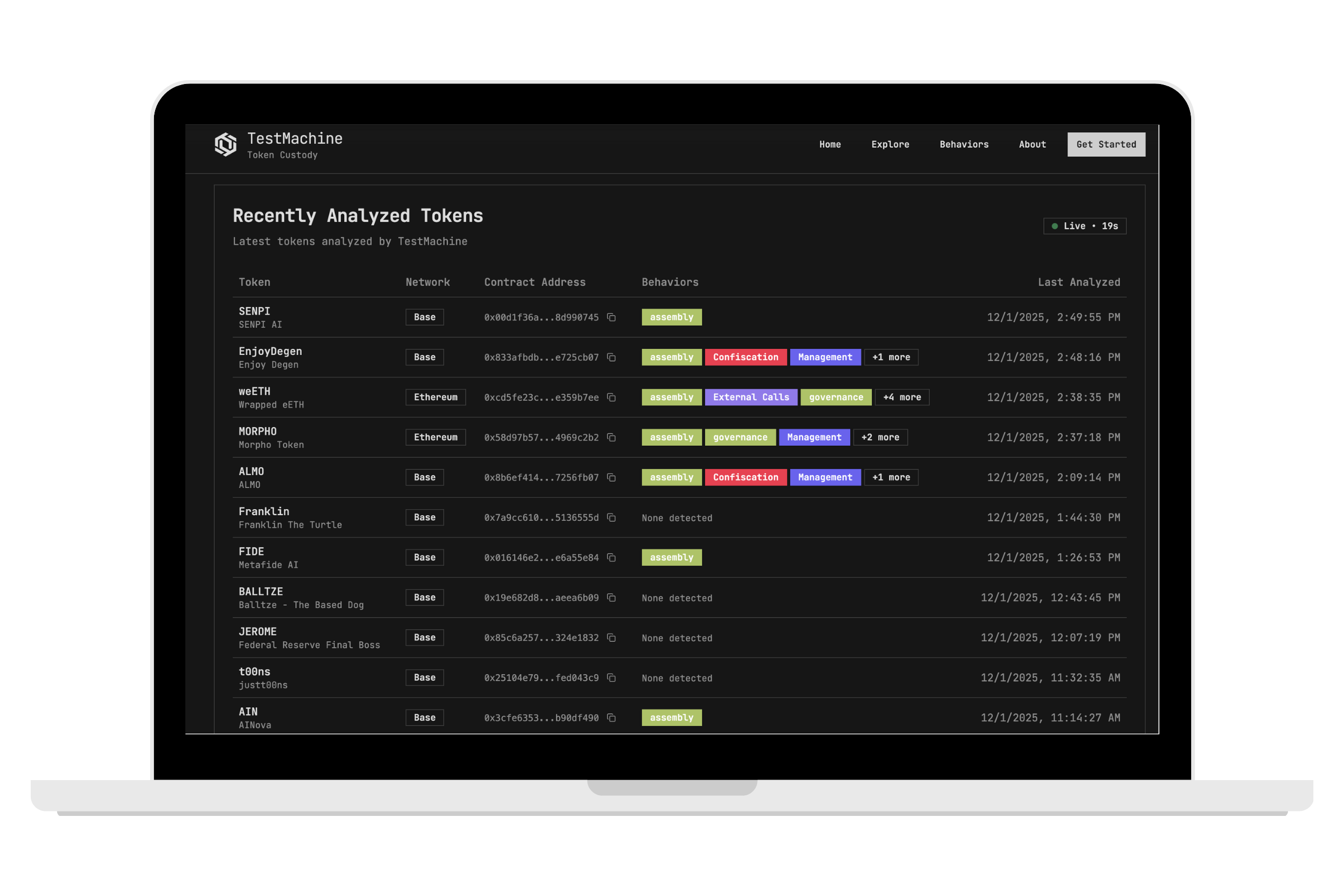 An image of a laptop screen showing the TestMachine Token Custody Screen where you can see the tokens we have analysed 
