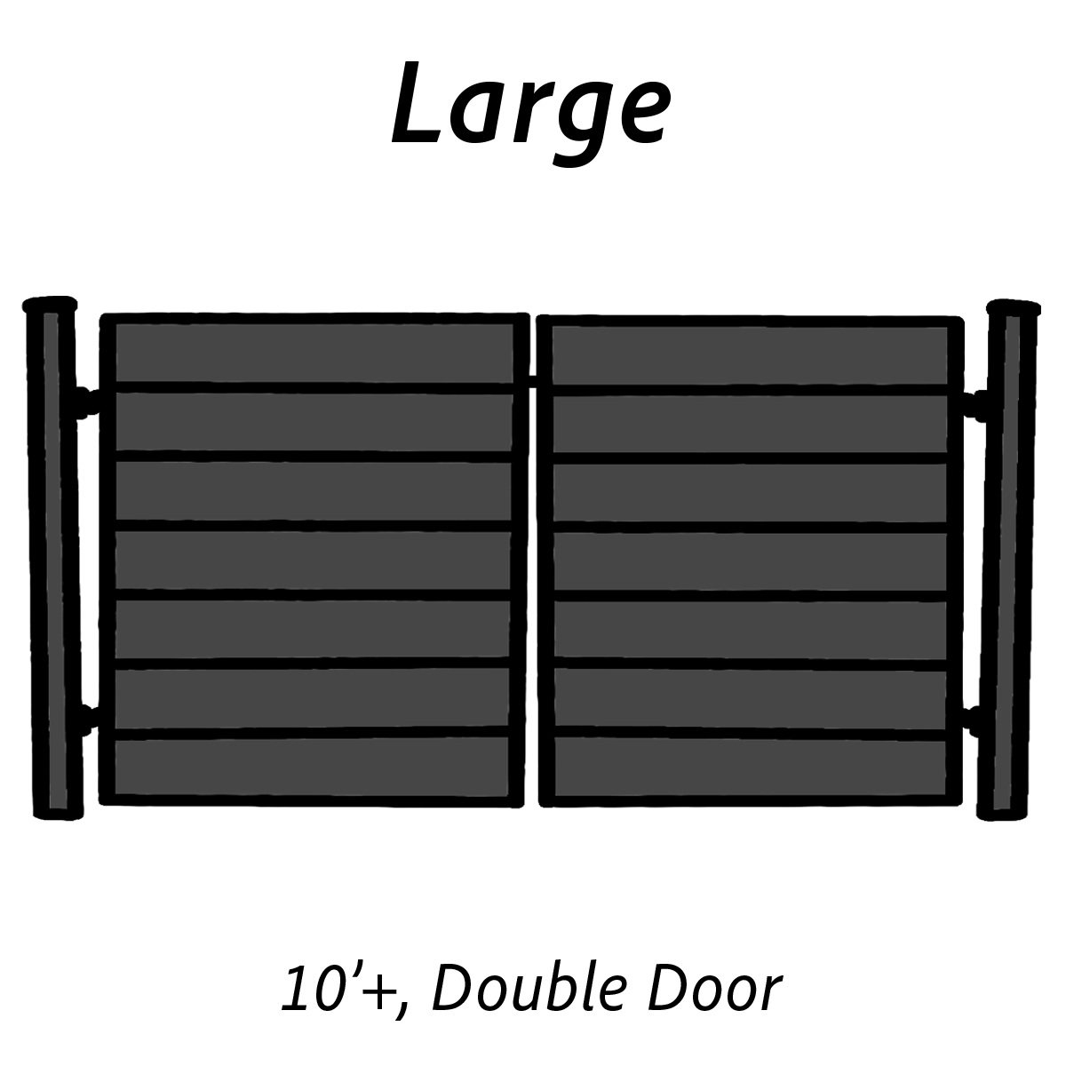 Illustration of a large double door with horizontal panels and vertical side frames.