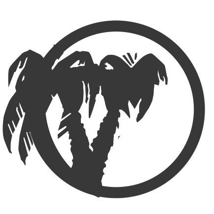 Black silhouette of two palm trees enclosed in a black circle on a light gray background.