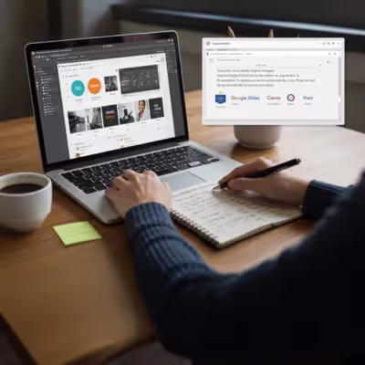 Profissional pesquisa softwares como Google Slides, Canva e Prezi para criar apresentações.