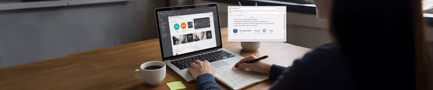 Mulher trabalha em laptop com aplicativos alternativos ao PowerPoint abertos na tela.