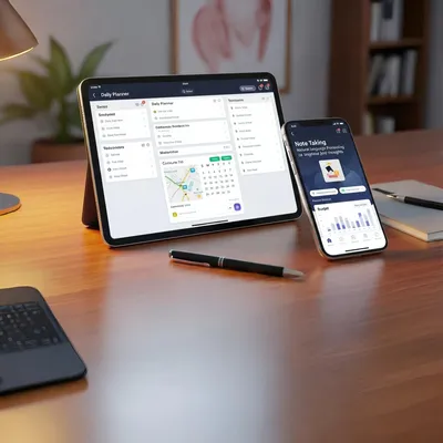 Close de tablet e celular com planejador diário e gráficos.