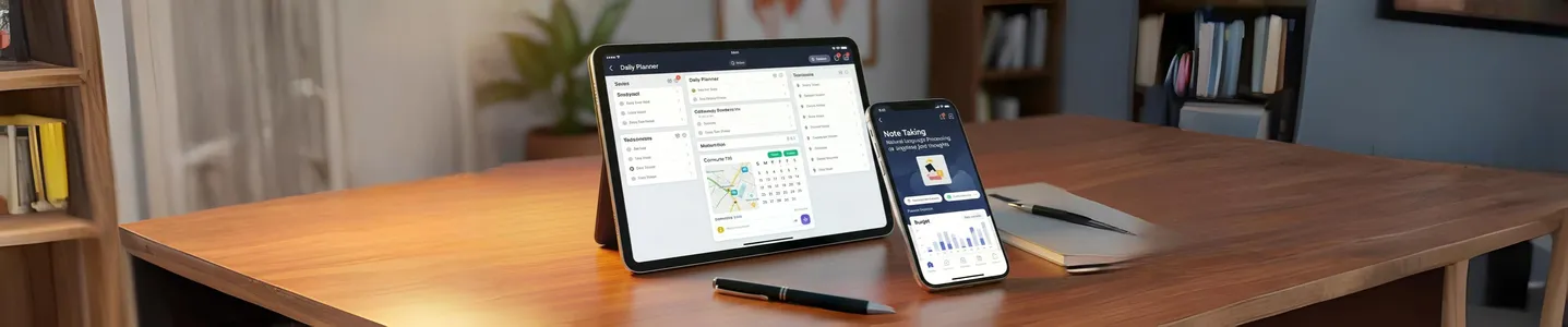 Tablet e smartphone sobre mesa exibindo apps de produtividade.
