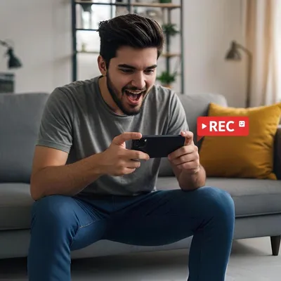 Jovem se divertindo jogando no celular com gravação