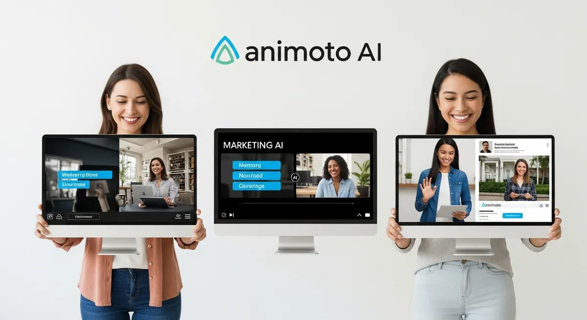 Mulheres mostrando telas com vídeos e logo Animoto AI