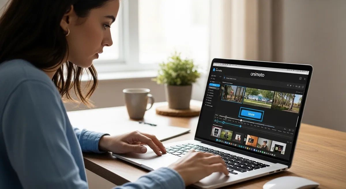 Mulher editando vídeo com Animoto em notebook moderno