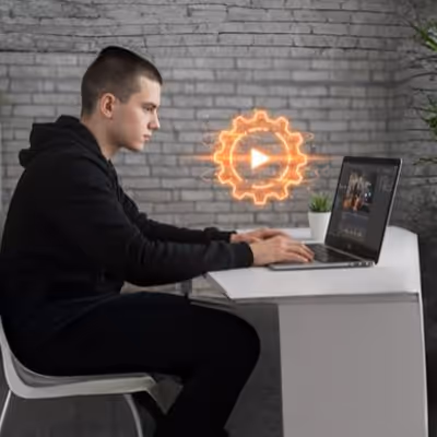 Jovem no computador com ícone de vídeo digital em destaque.