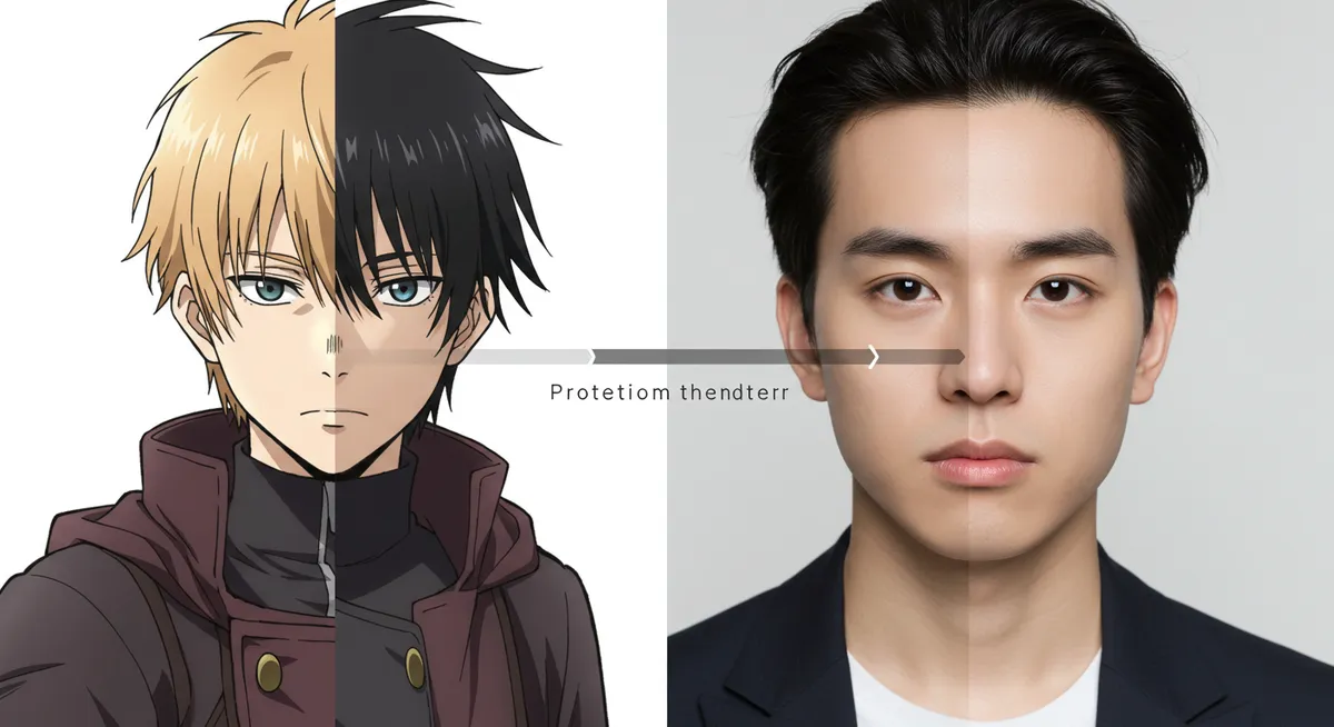 Comparação lado a lado entre personagem anime e humano real