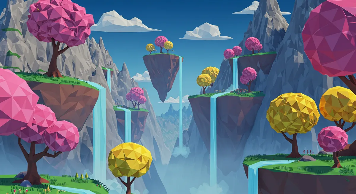 Ilustração 3D de paisagem fantástica com árvores coloridas