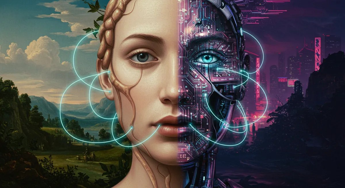 Arte mostrando rosto metade humano e metade ciborgue futurista